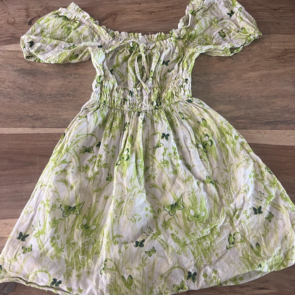 Brass Plum Bloomingdale’s Green and White Butterfly Linen mini dress XXS